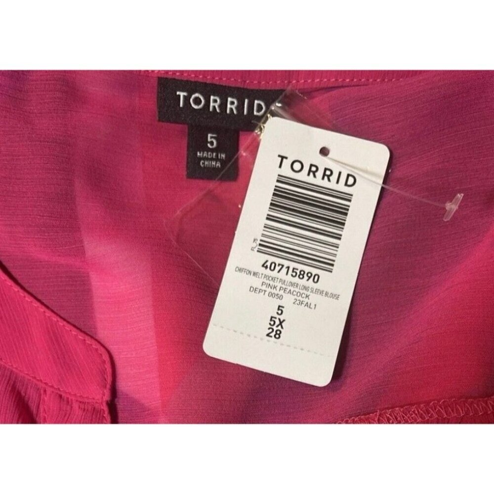 Torrid +5 Pink Split Neckline Button Down Sheer Woven Chiffon Long Sleeve Blouse - Picture 5 of 6